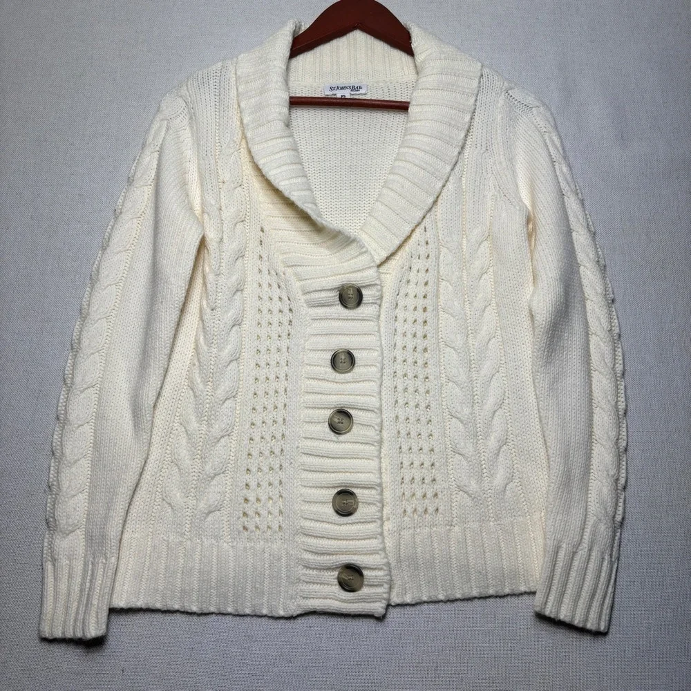 St Johns Bay Cream Cable Knit Shawl Collar Cardigan Sweater‎ PS